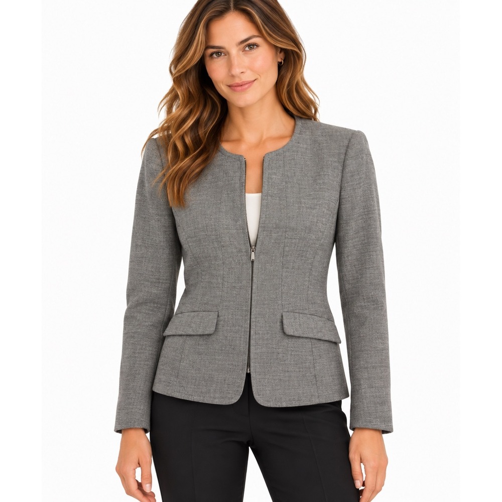Brooks Brothers Grey Wool Blend Zip Front Collarless Blazer Jacket Size 4